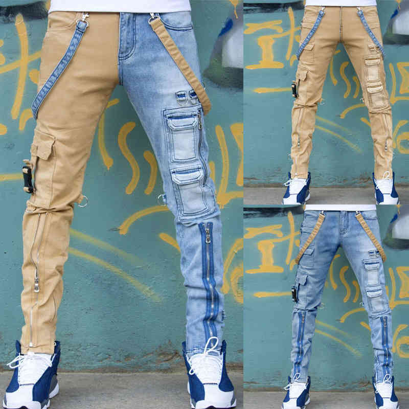 

2021 new color blocking washing men's fashion SLIM STRAIGHT pants zipper tooling jeans, Khaki spell orchid