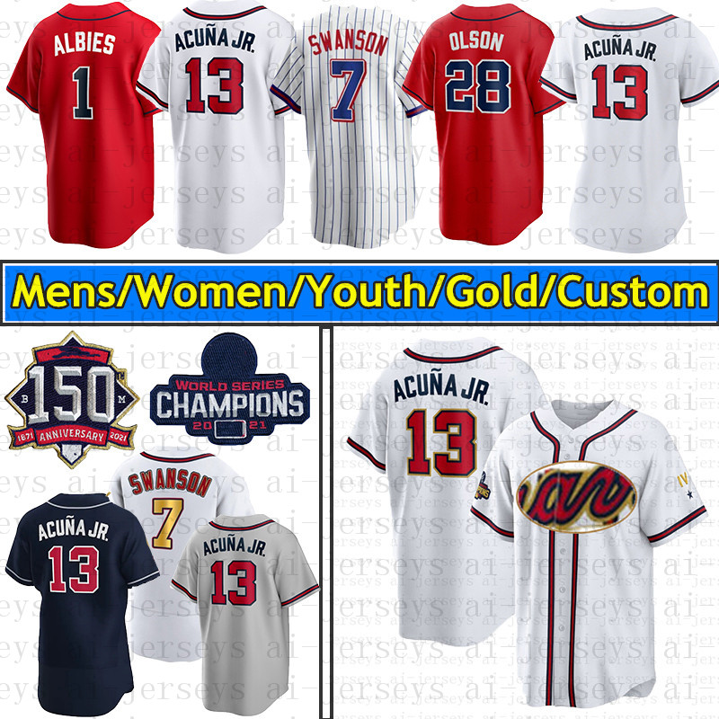 

Baseball Jerseys 13 Acuna Jr. 1 Ozzie Albies 28 Olson Jerseys 7 Swanson 5 freeman Soler Deion Sanders 27 Austin Riley Jones Custom World Chaimpions patch, Cream