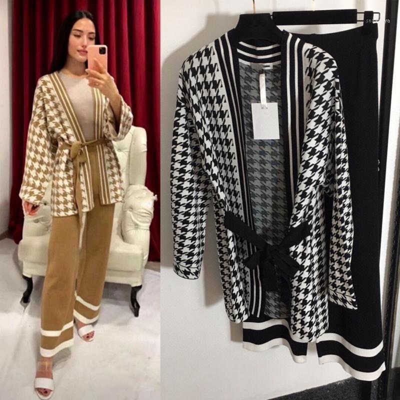 Arrival Autumn Casual Clothes Women Fashion Loose Belt Khaki Cardigan Knitted Black Pants Set Women's Two Piece