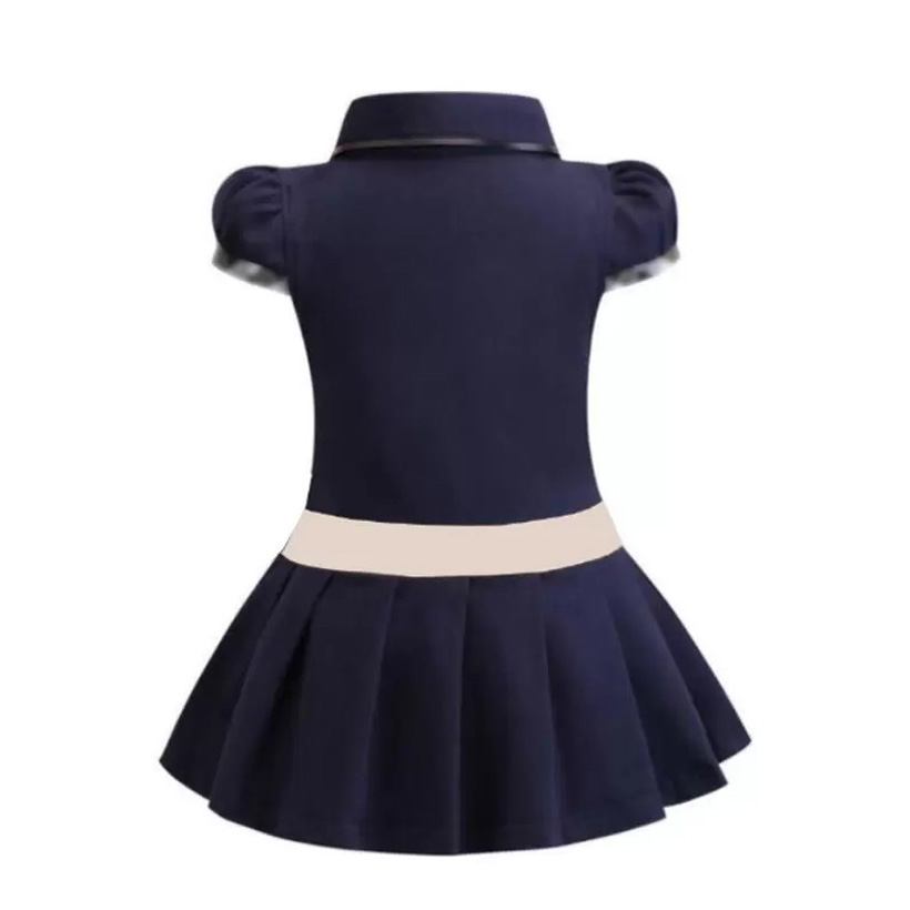 

Baby Girls Dress kids Lapel College Wind Short Sleeve Pleated Polo Shirt color-blocked plaid bow Skirt middle and small Children Casual Clothes, As photo