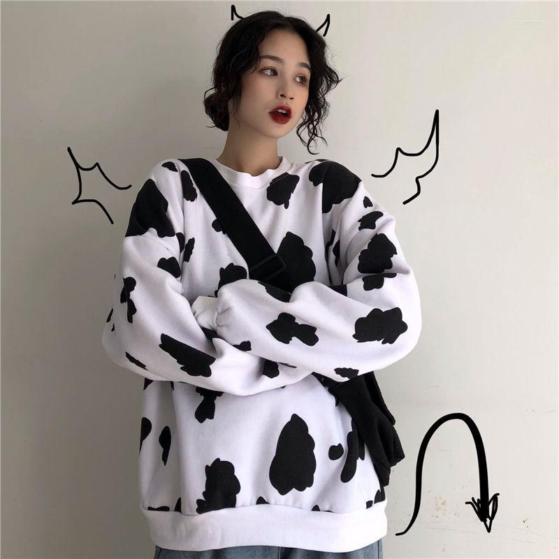 

Women's Hoodies & Sweatshirts Harajuku Kawaii Cow Print Gothic Punk Female Pullover Casual Vintage Tops Loose Long Sleeve Y2K ClothesWomen's, White