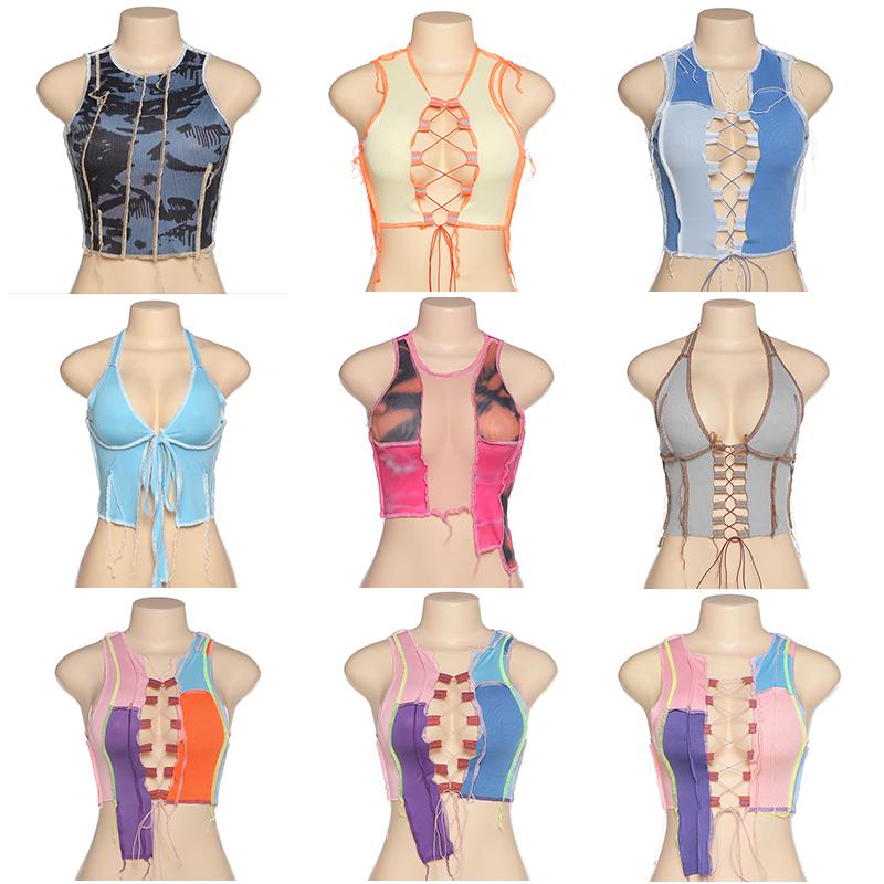 

Women's Tanks & Camis Sexy Patchwork Women Camisole Hollow Out Ribbed Knitting Crop Tops Club Party Wear Colorful Tank Top Bandage Vest Fema, Yyj06