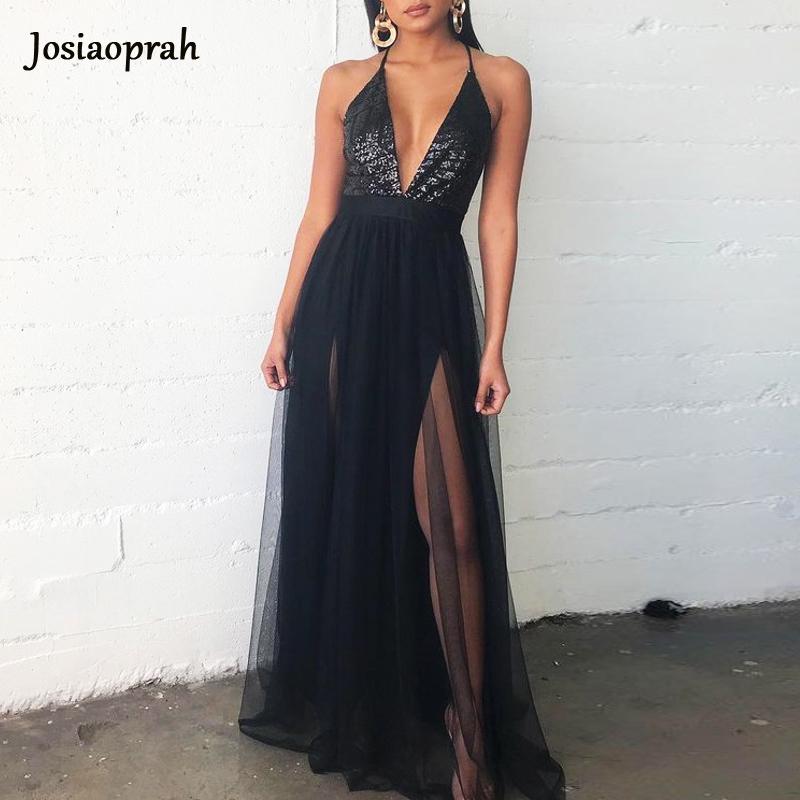 

Casual Dresses Josiaoprah Spaghetti Strap Sexy V Neck Maxi Dress Women Club Party Backless Sleeveless Split Vestido Celebrity Holiday, Black;gray