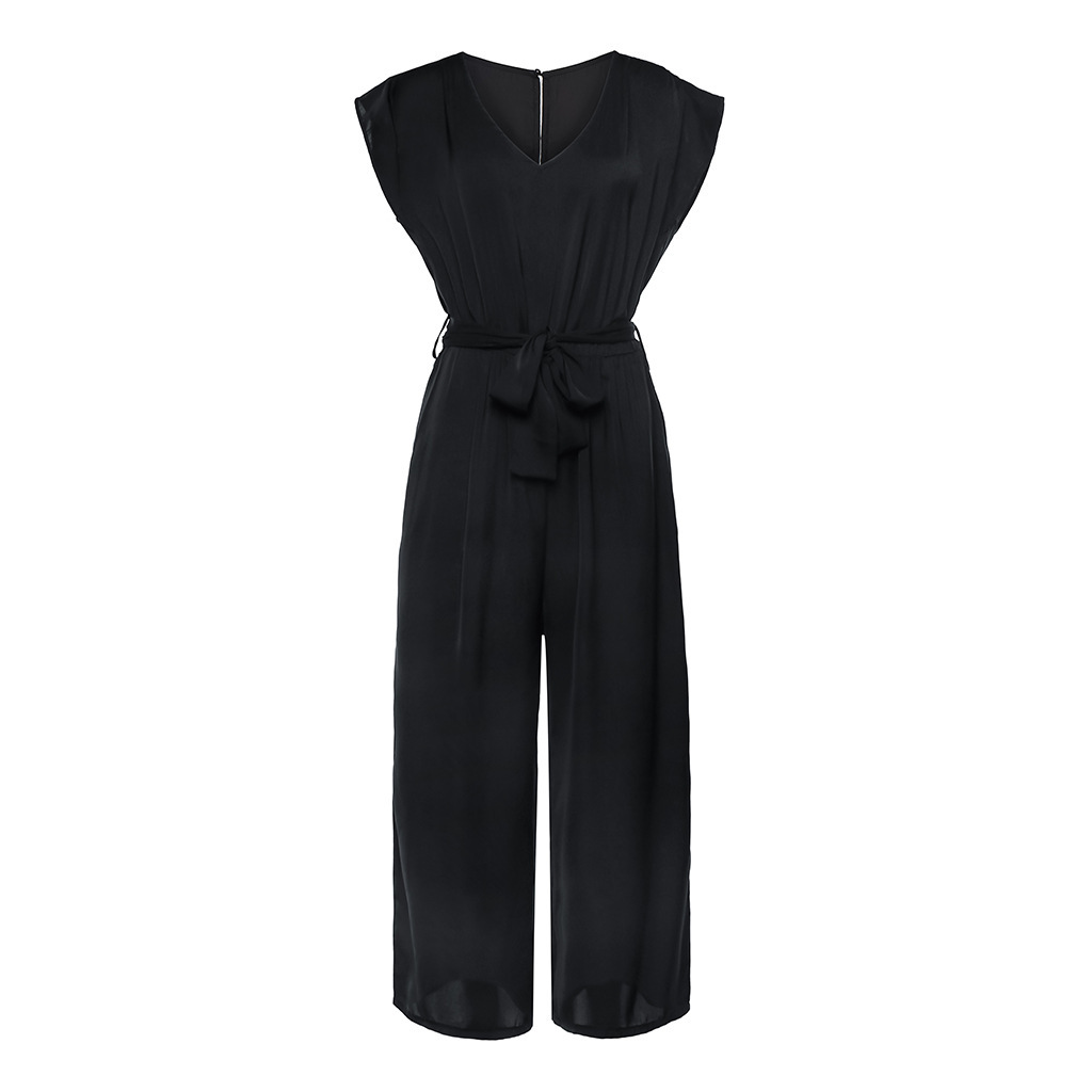 

Summer Women Black Plain Jumpsuit With Belt Femme Elegant Sleeveless V Neck Pleated Bodysuit Office Lady Zipper Jumpsuits