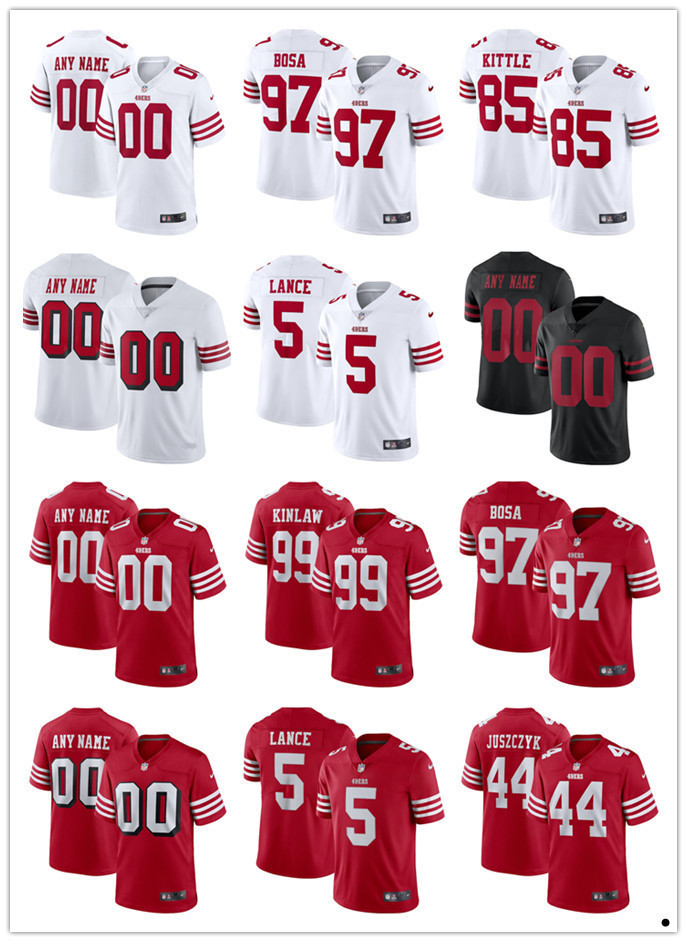 

custom San Francisco''49ers''5 Trey Lance 85 George Kittle 97 Nick Bosa 99 Javon Kinlaw 44 Kyle Juszczyk 42 Ronnie Lott Football Jerseys, Color