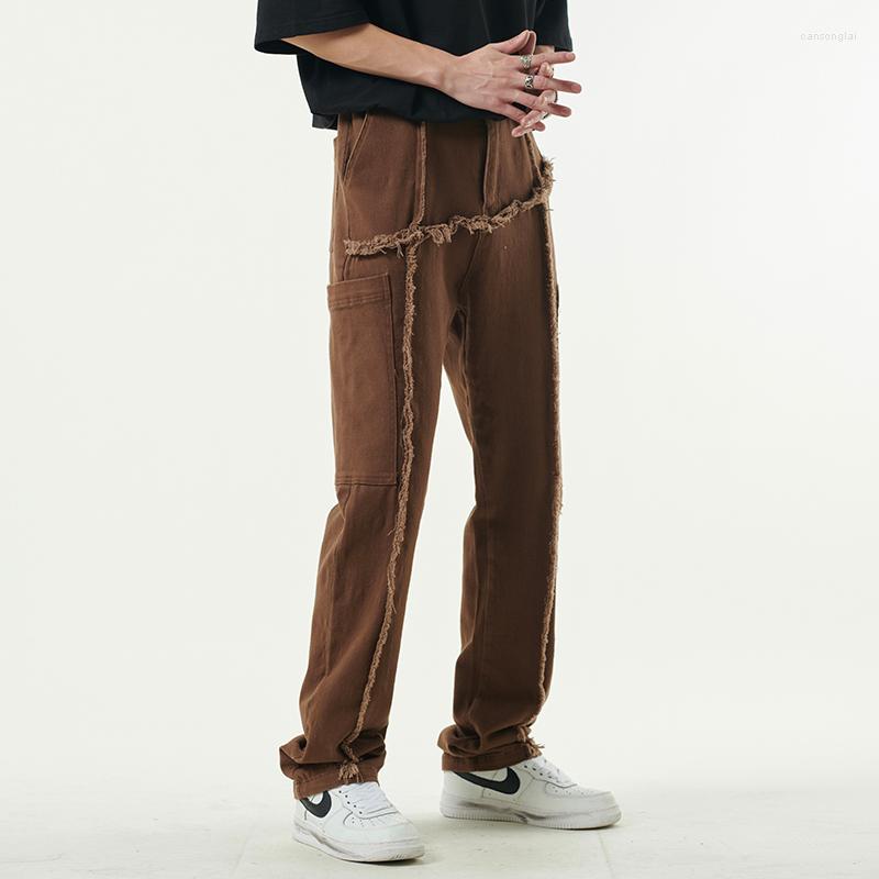 

Men's Jeans Solid Color Striped Tassel Pockets Mens Straight Washed Retro Streetwear Loose Denim Trousers Oversized Casual Jean PantsMen's, Black