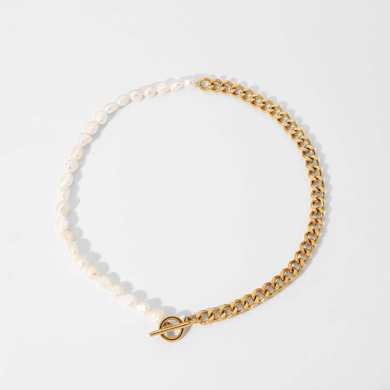 

Chains Casual Cuban Chain Freshwater Pearl Necklace OT Buckle Stainless Steel Half Connected1473200