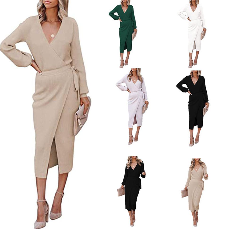 Ladies Autumn Winter Casual Long Dress Women Long Sleeve V-Neck Slim-cut Knittedd Midi-skirt High Waist Pullover Bind Belt Dress253A