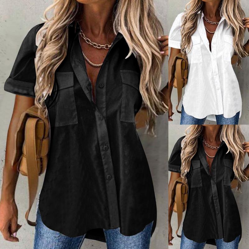 

Women's Blouses & Shirts Womens White Button Up Shirt Women Short Sleeve Top Turn Down Collar Blouse Flower Printed Solid Fashion T VWomen's, Black