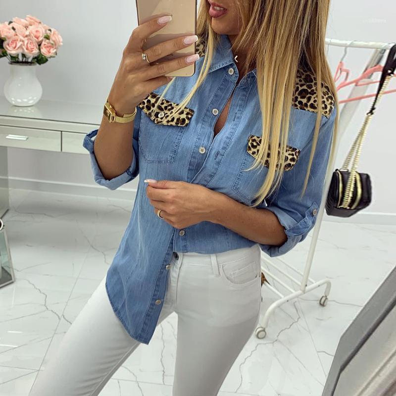 Women's Blouses & Shirts Leopard Panel Denim Shirt 2022 Women Vintage Long Sleeve Lapel Tops Female Coat D30