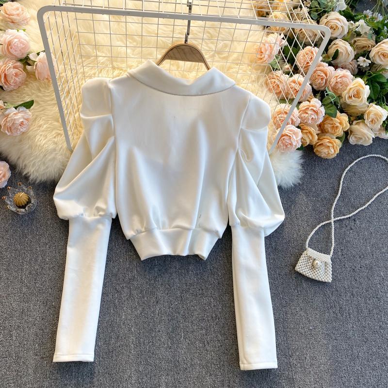 

Women's Blouses & Shirts Spring 2022 Fashion Blouse Female Lapel Puff Sleeve Stretch Blusa Waist Slimming Shirt C195, Black