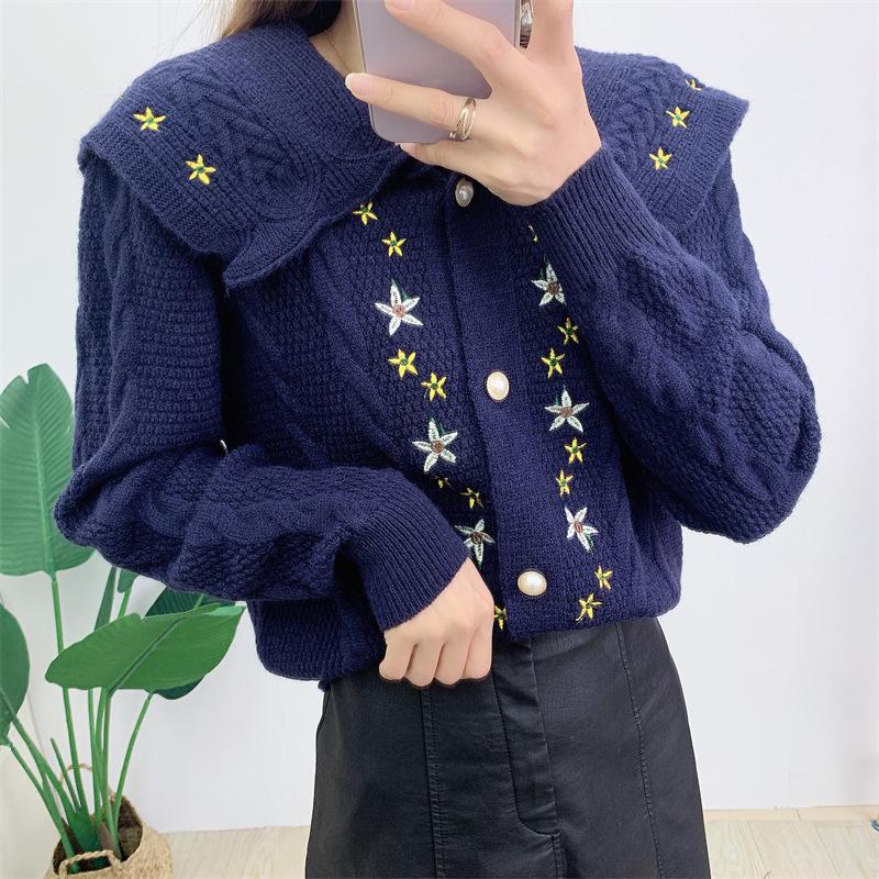 

Women's Knits & Tees Autumn Vintage Sweet Embroidery Cardigans Winter Korean Single-breasted Doll Collar Knitted Cardigan Sweater Coat Women, White
