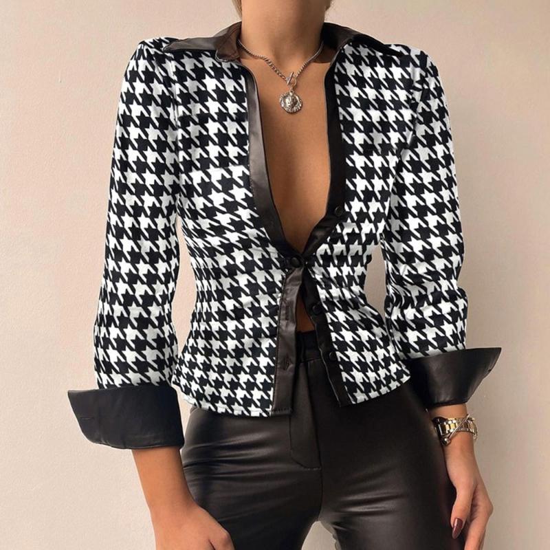 

Women's Blouses & Shirts Women's Fashion Shirt Spring Long-sleeve V-neck PU Leather Patchwork Women Tops Elegant Scarf Chain Print Butto, White lattice
