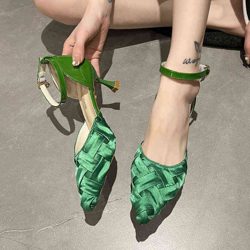 

Rimocy Women Woven Thin Heels Pumps New Pointed Toe Ankle Strap Green Party Shoes Woman Weave Sexy High Female 220528