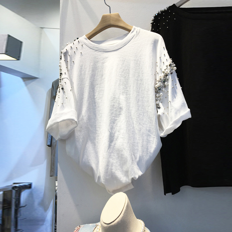 

2022 Summer New Loose Casual Lady Tops Tshirts Korean Fashion Chic Beads O-Neck Solid Short Sleeve Women' T-shirt 0613, White