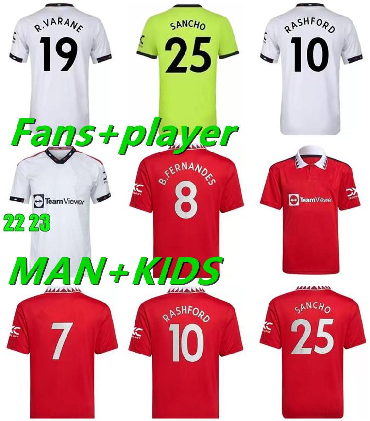 

2022 2023 MAN UTD SANCHO Soccer Jerseys POGBA FERNANDES R. VARANE BRUNO MAGUIRE CAVANI RASHFORD VAN DE MATIC Men Kids Kits Football Shirt 22 23 fans Player version