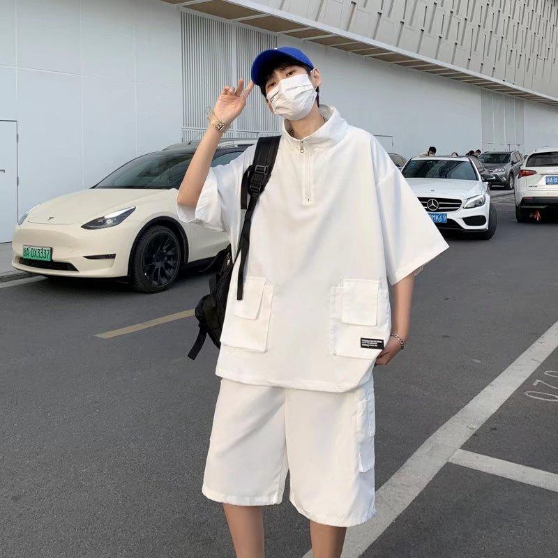 

Men's Tracksuits Semi Zipper Short Sleeved Sweater Casual Suit For Boys Summer Design Couples Loose Work Clothes And Capris MMen's, Black