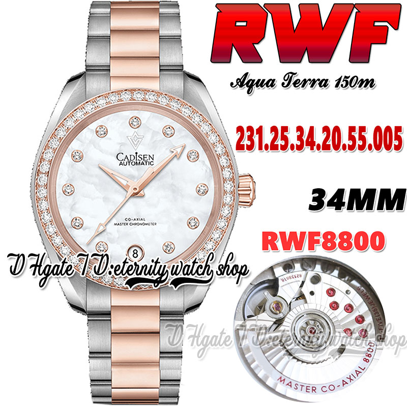 

RWF Aqua Terra 150M A8800 Automatic Woman Watch 220.25.34.20.55.001 34MM mother of pearl Dial Diamond Bezel Two Tone Stainless Steel Bracelet Super Eternity Watches, Watch waterproof production cost