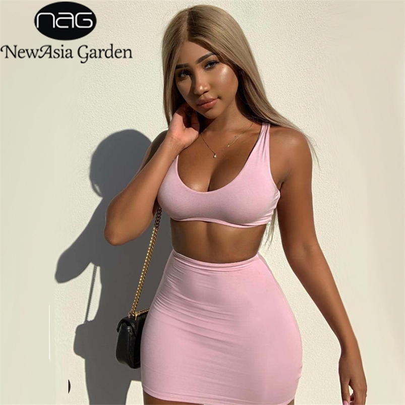 

NewAsia Double Layers Pink Two Piece Set Summer Clothes For Women Two Piece Outfits Sexy Short Skirt Set Casual 2 Piece Set 2019 T200701