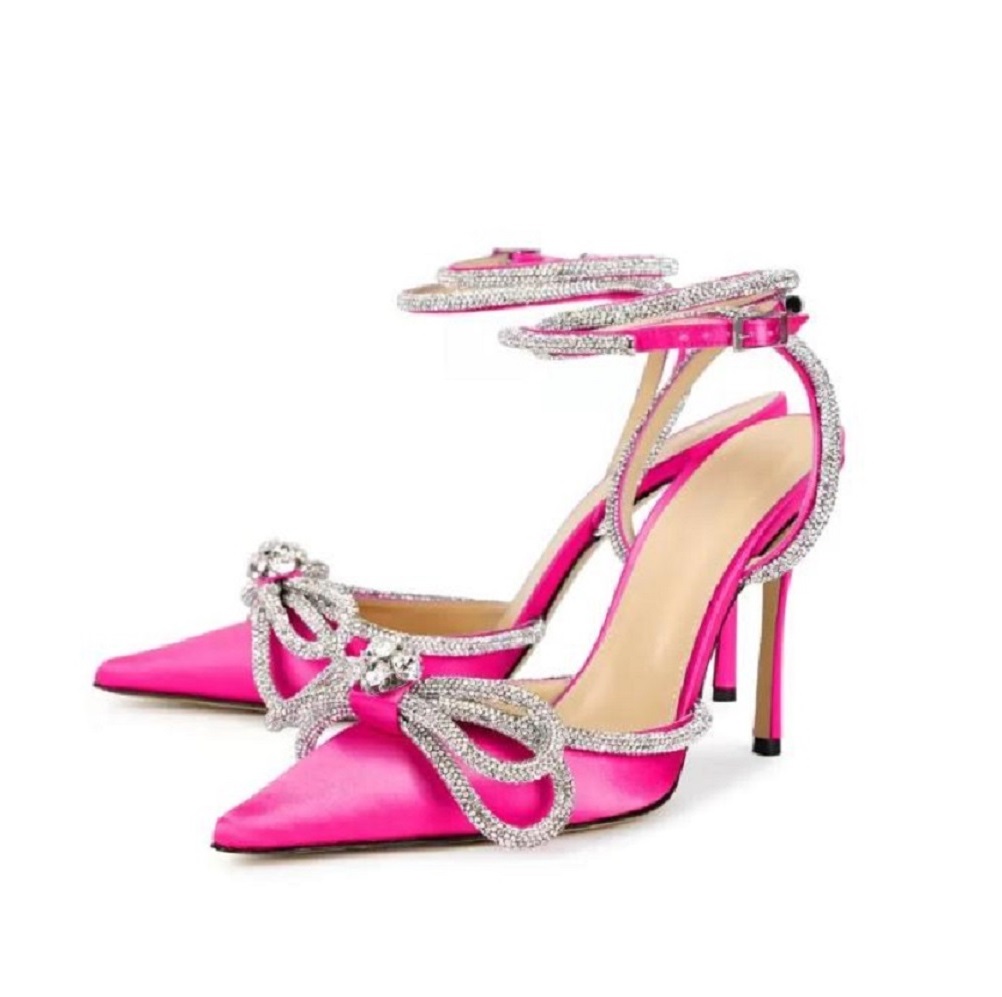 

Fashion Womens pumps Sandal Shoes Crystal-Embellished Double bow silk-satin shoes spool Heels sandals women's brand France Paris High Quality