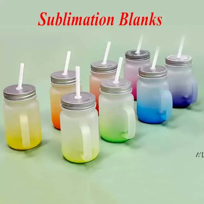 

430ml Sublimation Glass Mason Jar with Handle Gradient Glass Tumblers Thermal Transfer Bottle Colorful Sublimated Cups by sea sxa16, As options