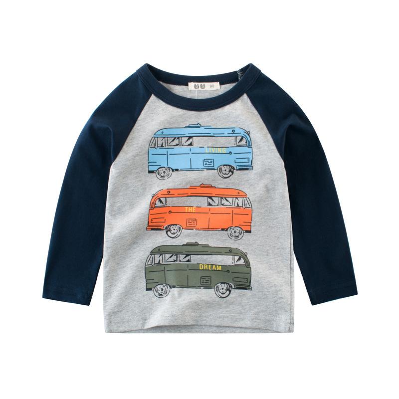 

T-shirts Spring Kids Long-sleeved T-shirt Baby Bottom Shirt Pure Cotton Cartoon Bus Girls Top Boy Tees Clothes Children ClothingT-shirts, Beige