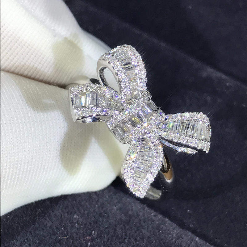 Ice with VVS moissanite LBowknot Designer Band Rings Wedding Shining Crystal Luxury lover sweet bow knot Ring with CZ Bling Diamond Stone for Women