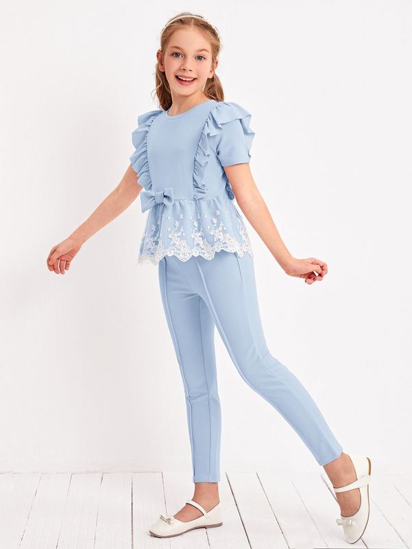 

Girls Contrast Embroidered Mesh Ruffle Trim Top & Leggings Set SHE, Dusty pink
