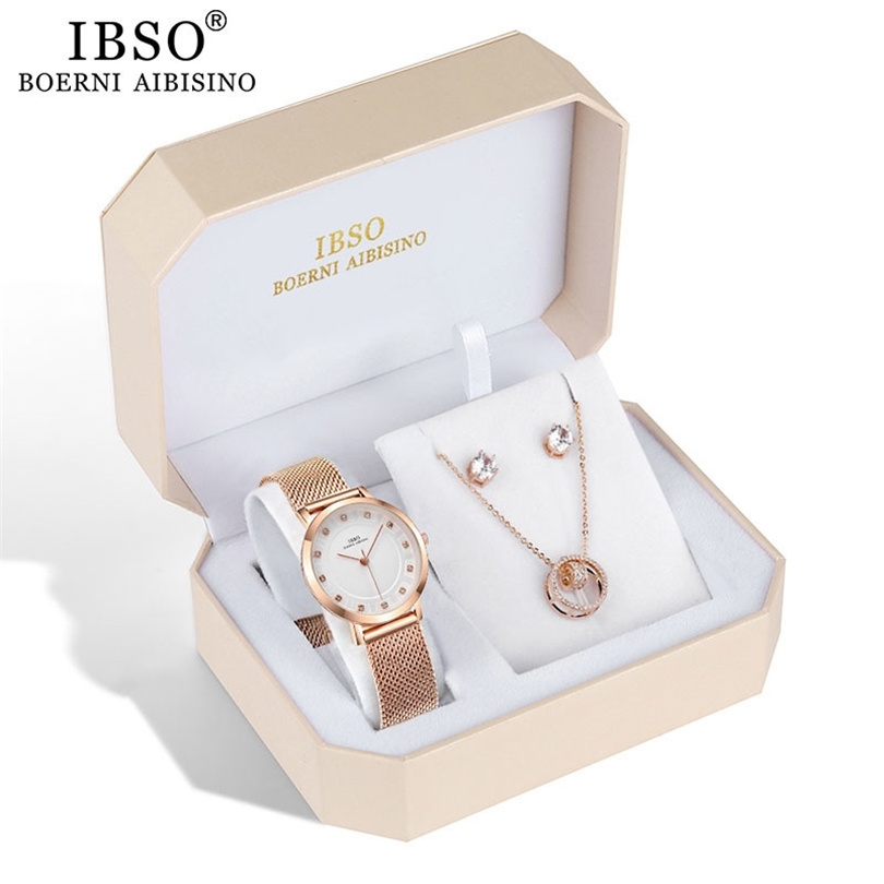 

IBSO Brand Women Rose Gold Watch Earring Necklace Set Female Jewelry Set Fashion Creative Crystal Quartz Watch Lady's Gift 201114, 3623-rg-xl004