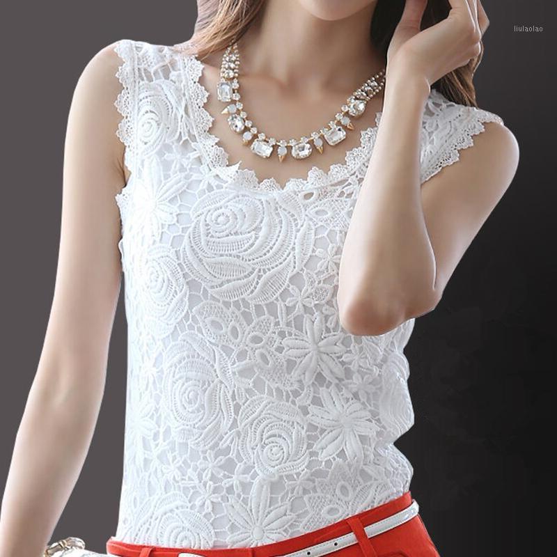 

White Lace Shirts Sleeveless Summer Blouses For Women Top Quality Fashion Office Black Casual Plus Size Women, S039 black