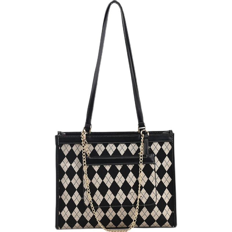 

Evening Bags Plaid Print Large Capacity Tote Bag Fashion Cool Chain Shoulder Simple Style French Elegant Ladies Commuter BagEvening, Black