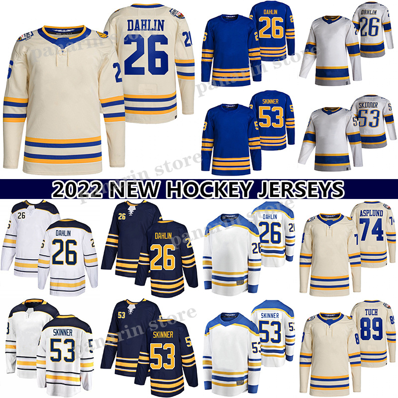 

26 Rasmus Dahlin Heritage Classic Jersey 53 Jeff Skinner 89 Alex Tuch 21 Kyle Okposo 74 Rasmus Asplund Reverse Retro hockey jerseys, New blue