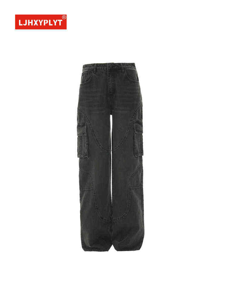 

Thin Black Cargo Jeans Women's Summer Loose American Retro High-waisted Slim Straight Tube Drape Wide-leg Denim Pants Female T220728