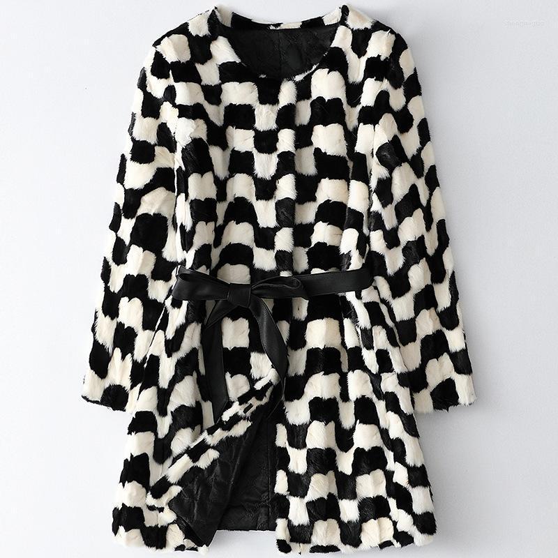 

Women' Fur & Faux Mink Jacket For Fall Winter High Quality 2022 Medium Length Sashes Thick Warm Printed Coat Outwear Girl, Black