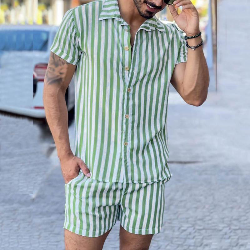 

Men's Tracksuits Summer Men's Short Sleeve Striped Printed Shirts Tops Sportswear 2 Piece Tracksuit Casual Elastic Waist Shorts Beach Se, Beige