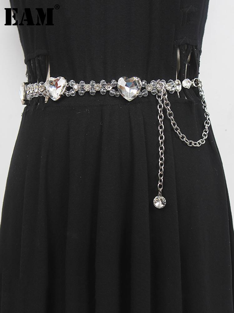 

Belts [EAM] Pu Leather Rhinestones Metal Chain Long Belt Personality Women Fashion Tide All-match Spring Autumn 2022 1DE7902, Black