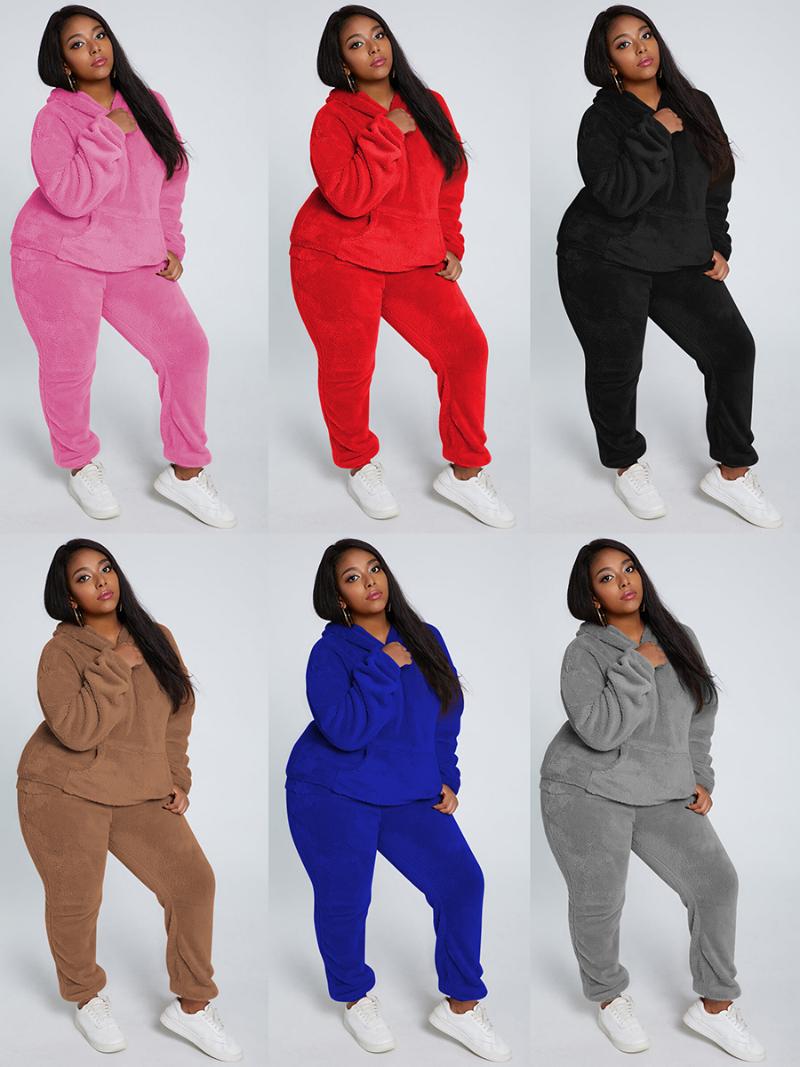 

Women' Two Piece Pants Autumn And Winter Solid Color Plush Hooded Sweater Stitching Suit Two-piece Long-sleeved Trousers Pencil, Black