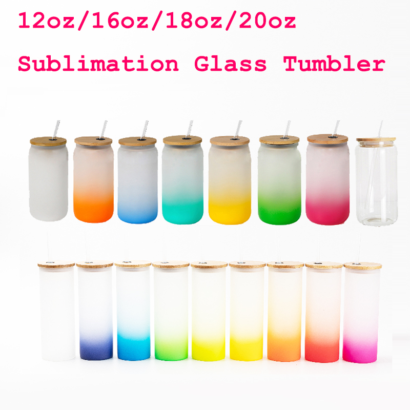 

20oz/18oz/16oz/12oz Sublimation Glass Cola Can Tumbler Frosted Beer Jar Soda Beverage Straw Cup with Bamboo Lid Clear Colored Glass Skinny Blank, Lids