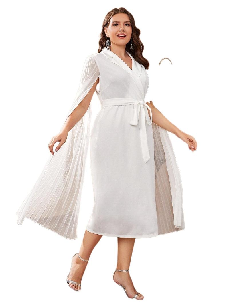 

Plus Size Dresses Surplice Neck Contrast Mesh Belted Dress F1Rg#Plus, White