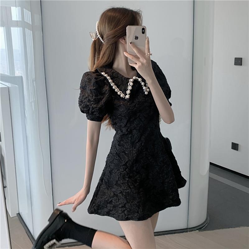 

Casual Dresses Summer Vintage Elegant High Waist Slim Temperament Pearl Beading Lapel Puff Sleeve Dress Women Short Jacquard DressesCasual, Black