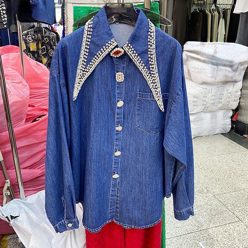

Women's Blouses & Shirts Exquisite Rhinestone Beaded Pointed Collar Denim Shirt For Women 2022 Early Spring Loose Temperament All-Matching T, Light blue