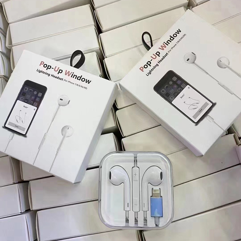 

High quality pop-up window-in-ear earphones Bluetooth Lightning Wire for Apple iPhone 7 8 x 11 12 13 Pro Max se headphones retail box with headset microphone, White