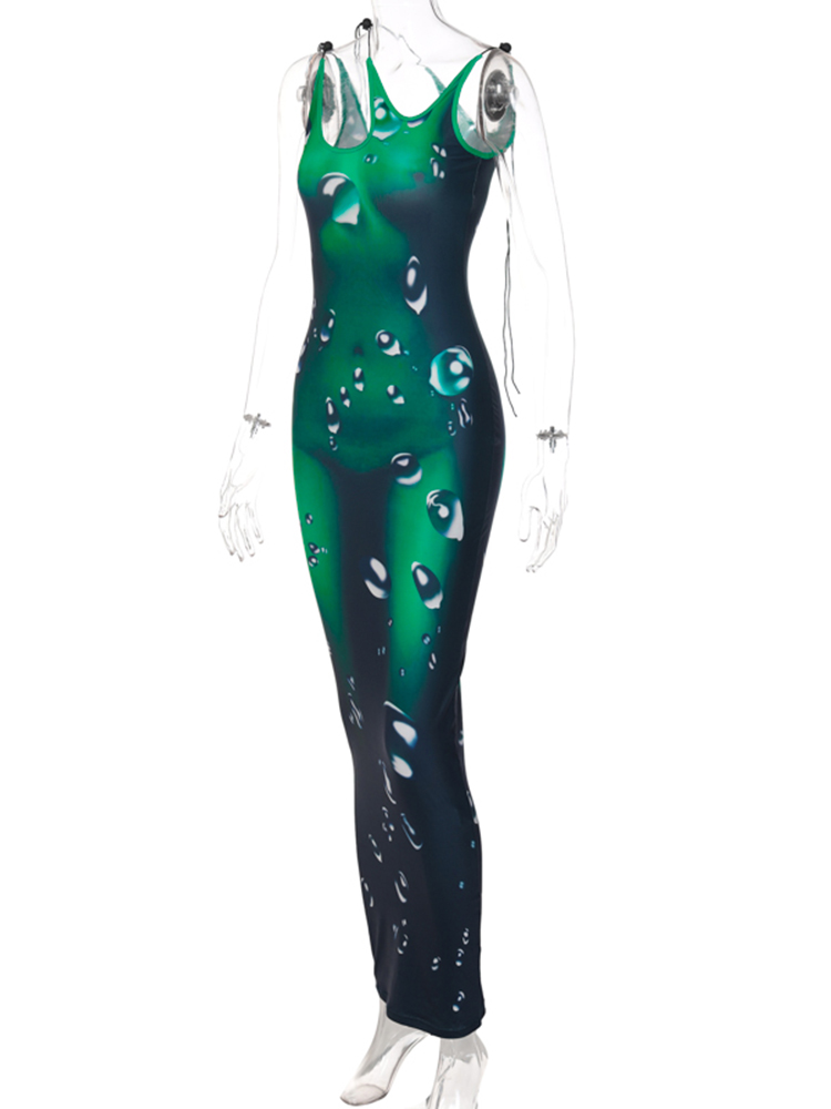 

Drip Print Asymmetrical Neck See Through Sleeveless Skinny Maxi Dress 2022 Fall Bodycon Evening Party Elegant Y2K Robe, Green