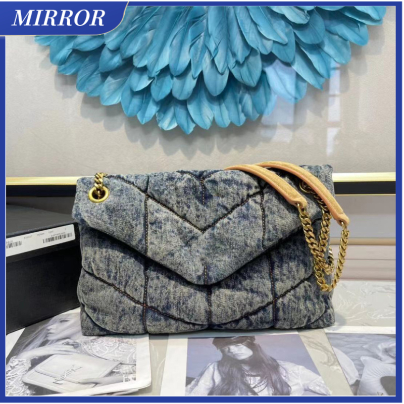 

MIRROR LOULOU Puffer Denim Jeans Bags Three Sizes Shoulder Bag Women Tote Handbag Purse Frosted Cowhide Cowboy Crossbody Handbags Detchable Strap Flap, 35x23x13.5cm