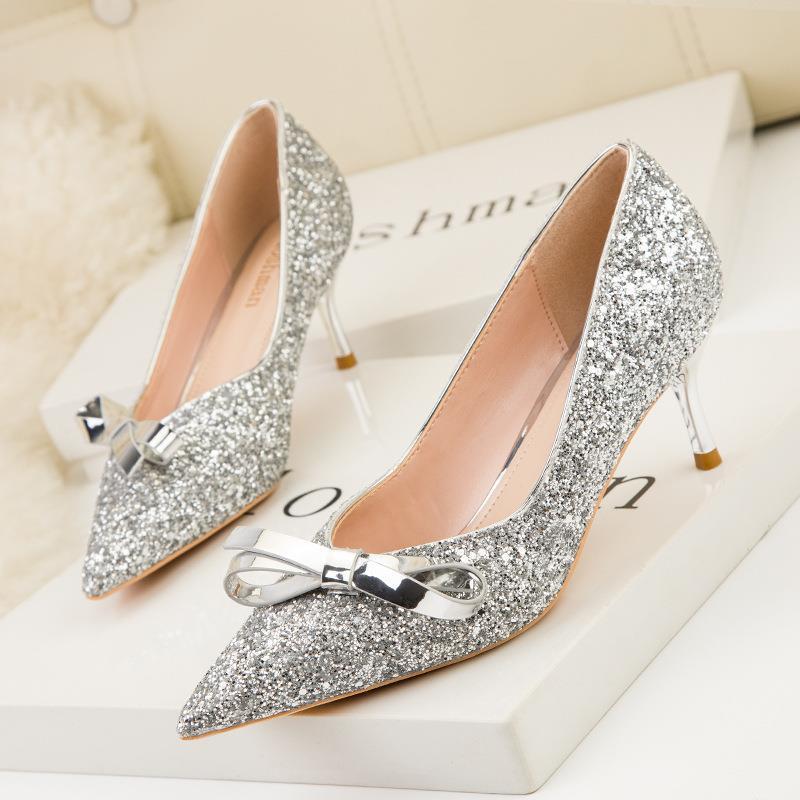 

Dress Shoes Designer Women 2022 Spring 6cm High-heeled Stiletto Shallow Pointy Sequined Bow-knot Temperament Single, Gold