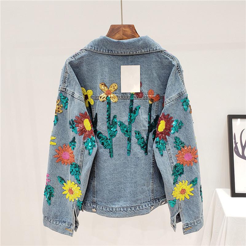 

Women's Jackets Work Heavy Sequins Sun Flower Women Fashion Long Sleeve Denim Jacket Outerwear Female Loose Jeans Coat StreetwearWomen's, Blue
