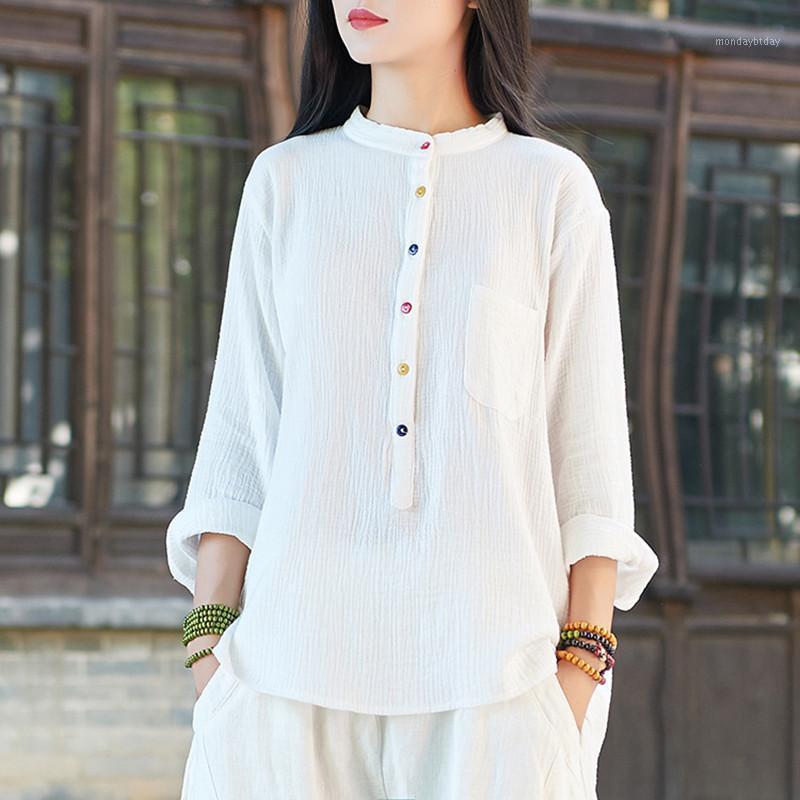 

Women's Blouses & Shirts Johnature Vintage Full Sleeve Cotton Linen Solid Color Tops 2022 Autumn Stand Collar Button Irregular 3 Colors Wome, Gray