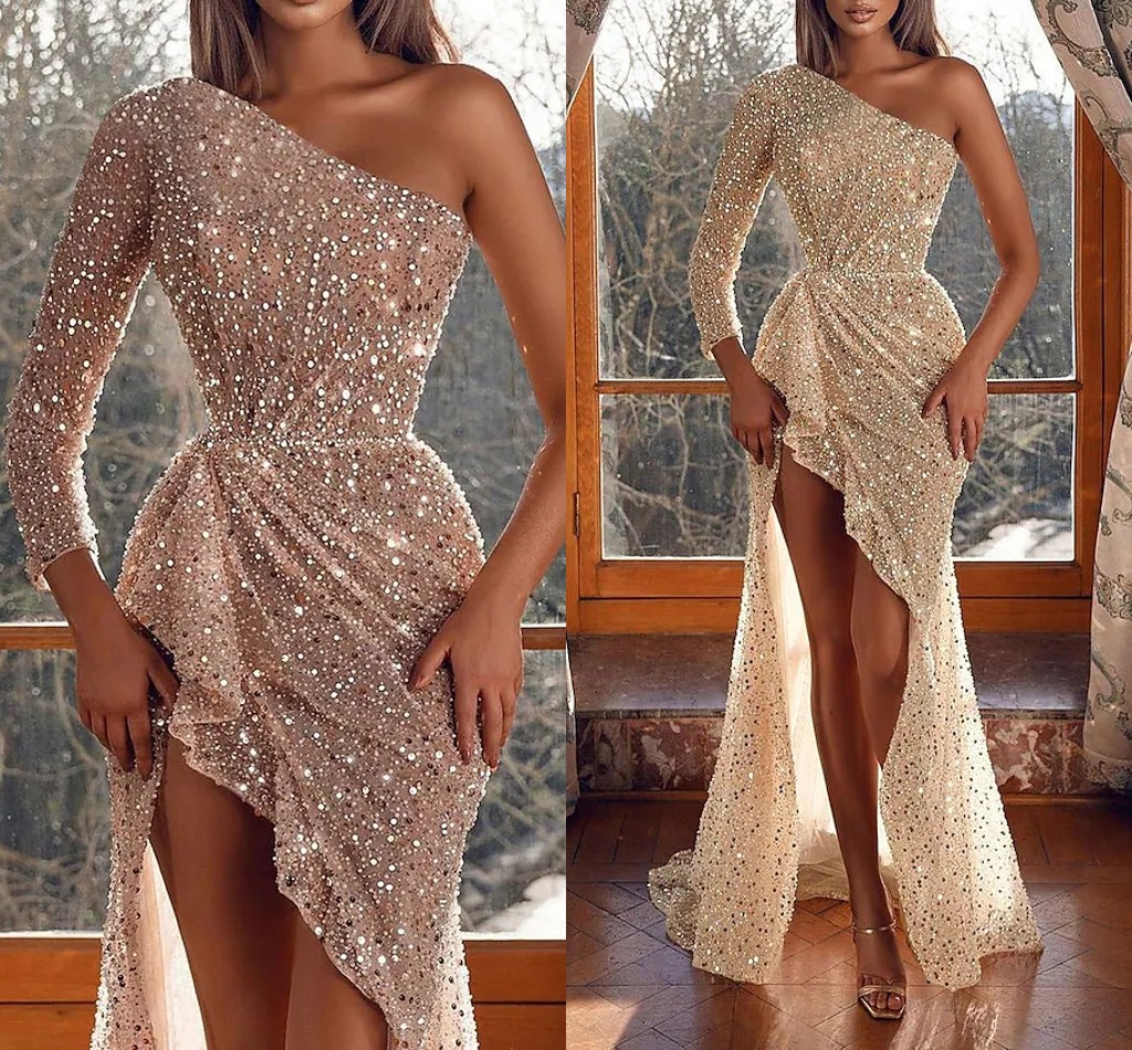 

Champagne Mermaid Trumpet Evening Dresses Sexy Sparkle Shine Prom Party Gowns Floor Length One Shoulder Long Sleeve Sequined Robe De Soiree Vestido De Fiesta, Black