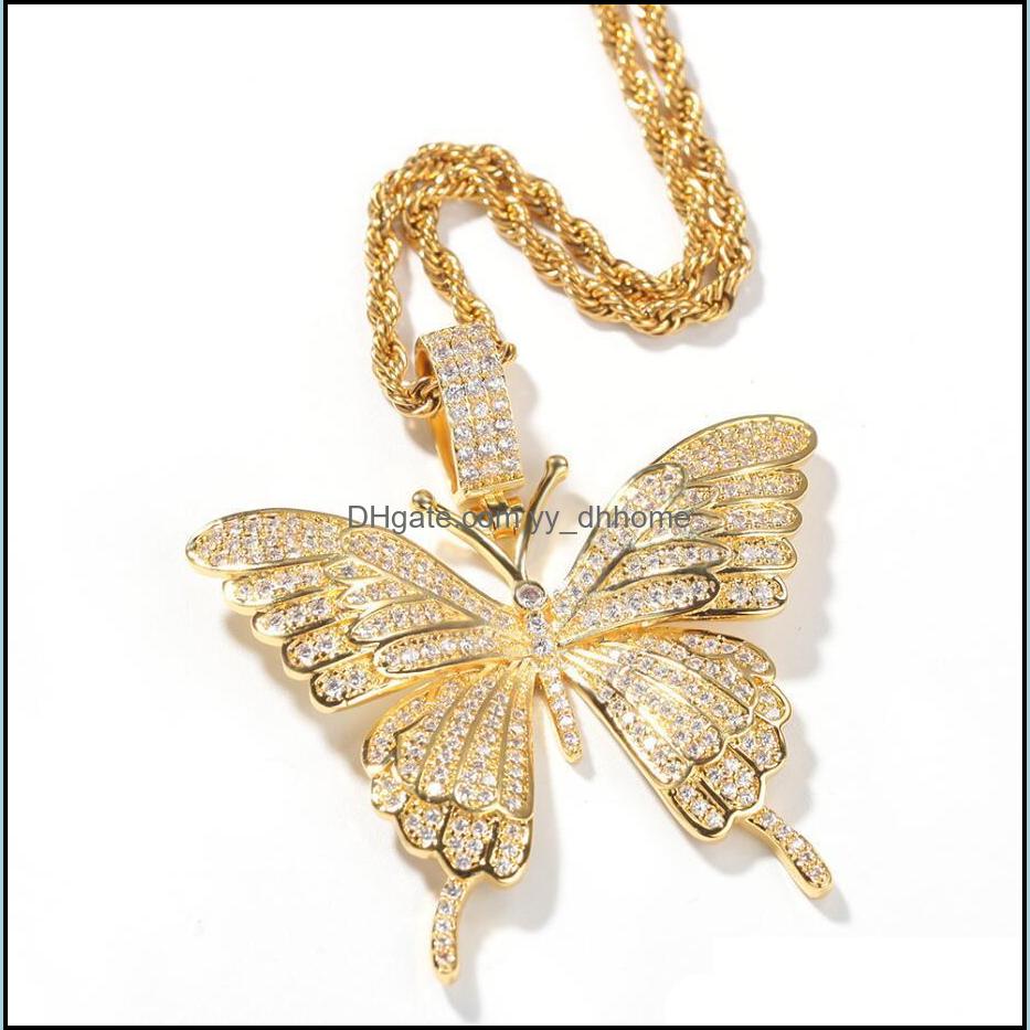 Pendentif Colliers Pendentifs Bijoux Hiphop Rap Garçon Cristal Papillon Micro Incrustation Zircon Strass Charme Twist Chaîne Collier Pour Femmes