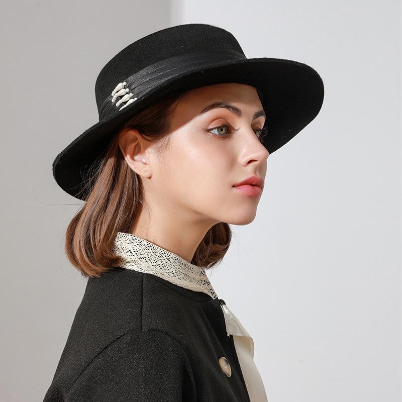 

Berets Wool Brushed Felt Hat Flat Top Bucket Caps Wide Brimmed Elegant Fedora Edge Basin CapsBerets BeretsBerets, Black